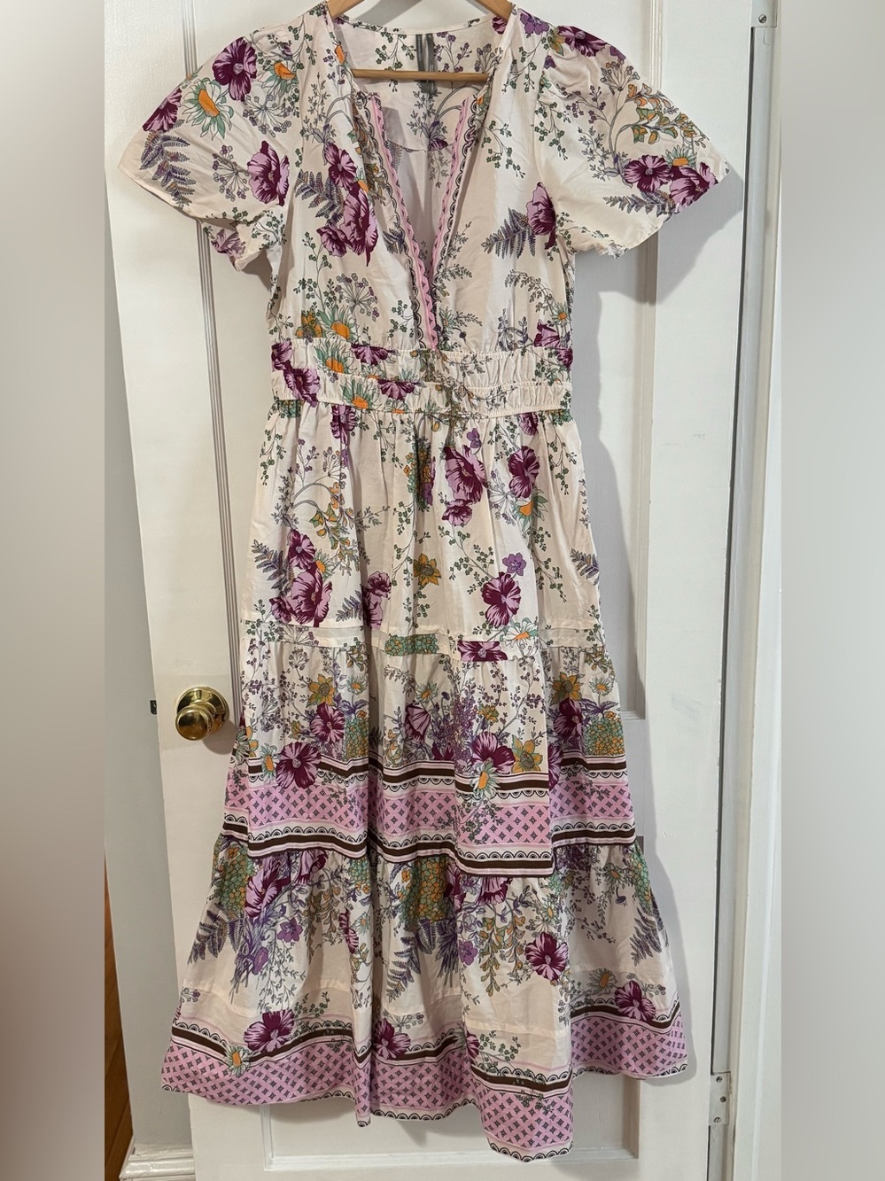 Anthropologie White and Purple Floral Somerset Maxi Dress with pockets